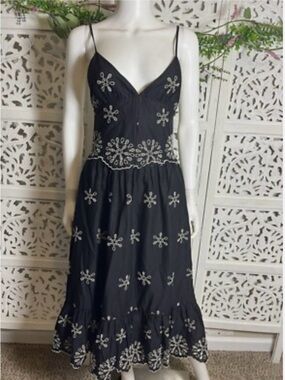 NWT Zara Black Midi Dress with White Floral Embroidery